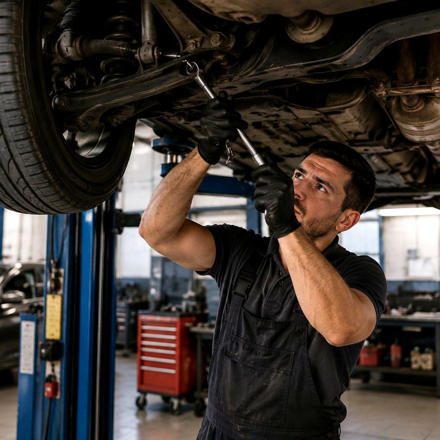 Mecânico especialista fazendo reparo de suspensão automotiva embaixo do veículo na ZN Pneus Sorocaba